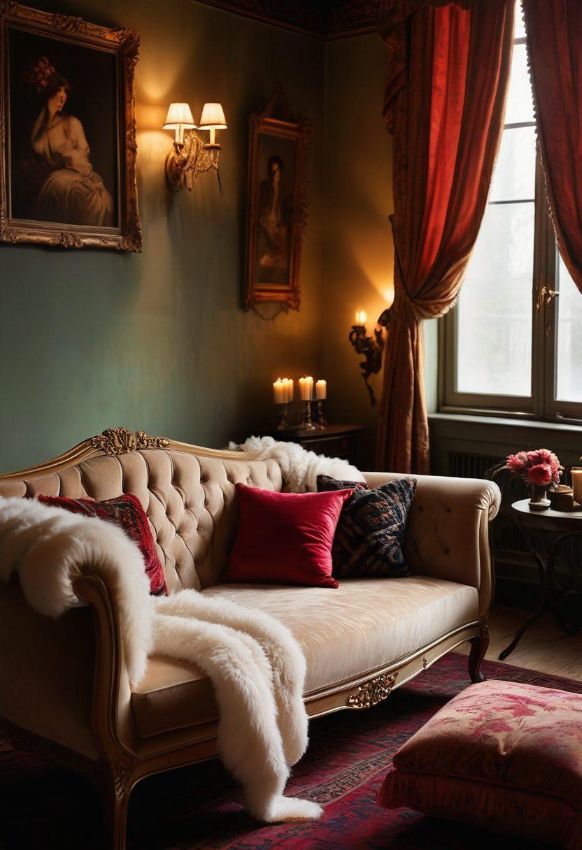 A luxurious, dimly lit room adorned with rich fabrics and soft candlelight, featuring a comfortable chaise lounge draped in sheer textiles. Silhouettes of various playful objects hinting at seduction, like feather boas and handcuffs, are subtly placed in the background. An open book lies on the lounge, displaying poetic erotica. The atmosphere is intimate and inviting, inspiring curiosity and allure. vibrant colors. soft lighting. super-realistic.