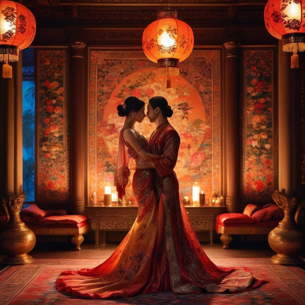 A lavish orient-inspired scene featuring intricate tapestries and soft, glowing lanterns that cast sensual shadows. Elegant figures in flowing garments are engaged in intimate dance amidst an atmosphere of indulgence and allure. The inclusion of rich fruits, exotic drinks, and ornate furnishings adds to the opulent setting. The overall tone evokes a sense of passion and exploration of sensuality. super-realistic. vibrant colors. soft lighting.
