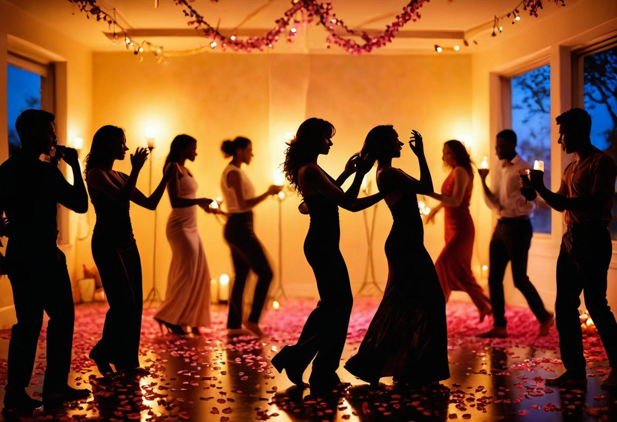 An evocative scene depicting a diverse group of people celebrating in a colorful, lively setting that represents intimacy and sexual freedom, featuring illuminated silhouettes, soft candlelight, and playful decorations. Include elements like rose petals and wine glasses to symbolize indulgence and connection. Envision a blend of warm and vibrant colors to create an inviting atmosphere. The background showcases abstract shapes and flowing lines to represent fluidity and diversity in sexual expression. painterly style. vibrant colors. soft focus.
